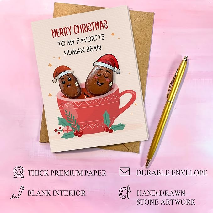 Handmade Christmas Pebble Card – Funny Holiday Pun Card with Pebble Art – Unique Christmas Greeting Card for Friends, Family, Coworkers
