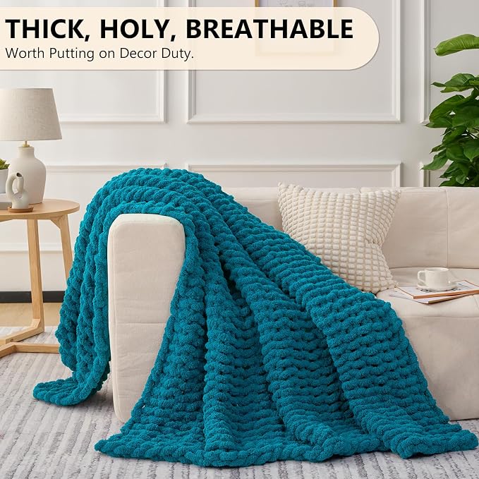 L'AGRATY Chunky Knit Throw Blanket for Couch, 60'' x 80'' Knit Throw, Teal | Handmade Chenille Crochet Blanket for Sofa Bed, Thick Cable Knitted Blankets for Room Home Decor, Birthday Gift for Women Mom