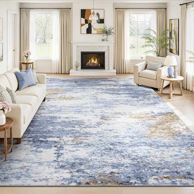 8x10 Area Rug for Living Room, Abstract Washable Large Rugs, Light Blue | Neutral Carpet for Bedroom, Dining Room, Home Office Nursery, Indoor, Stain Resistant, Low Pile, Non-Slip, Modern Rug