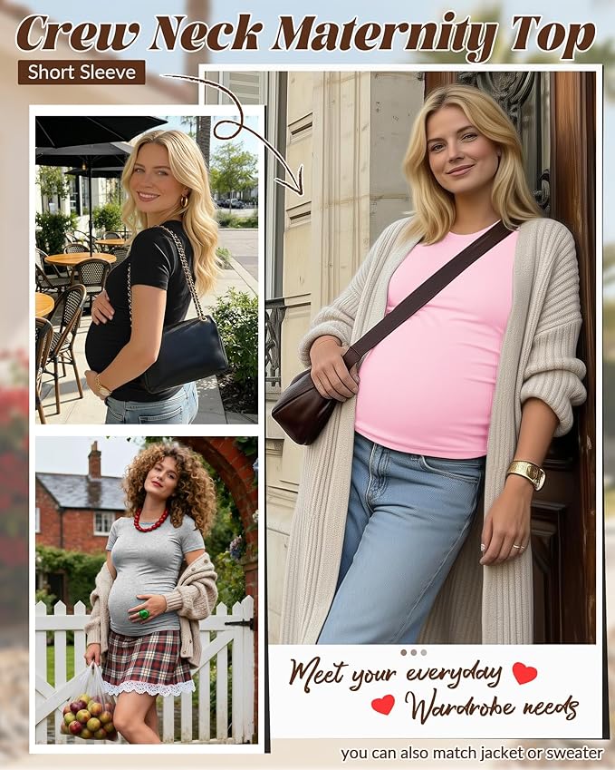 Huukeay 4 Pack Women's Maternity Shirts, Crew Neck Maternity Top Short Sleeve Casual Cotton Tee Side Ruched Pregnancy Clothes