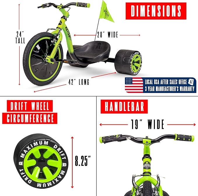 Drift Trike for Kids Ages 5+ 16" Front Wheel Ride-On with Adjustable Seat, Steel Frame, Rear Slick Drift Wheels & Safety Flag – Madd Gear Green Black