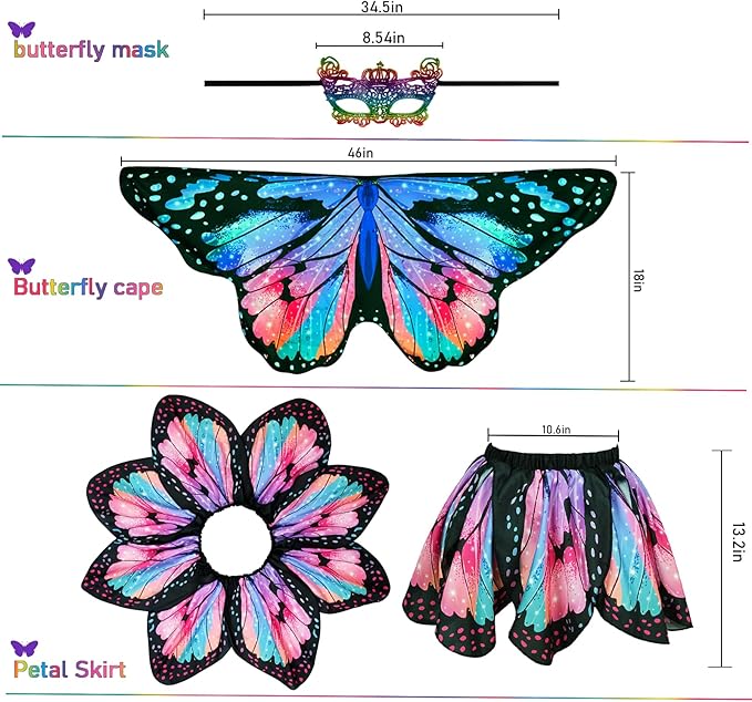 Kids Butterfly Wings Costume for Girls Fairy-Wings Toddler Dress Up Play Costumes Butterfly Skirt Set Mask Party Favors Gifts（Blue & Red）
