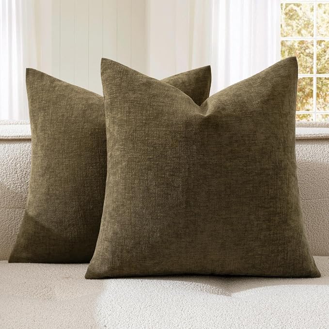 MIULEE Coffee Chenille Couch Throw Pillow Covers, 18x18 | Set of 2, Soft Farmhouse Modern Home Decor, Decorative Pillowcases for Sofa Living Room Bed