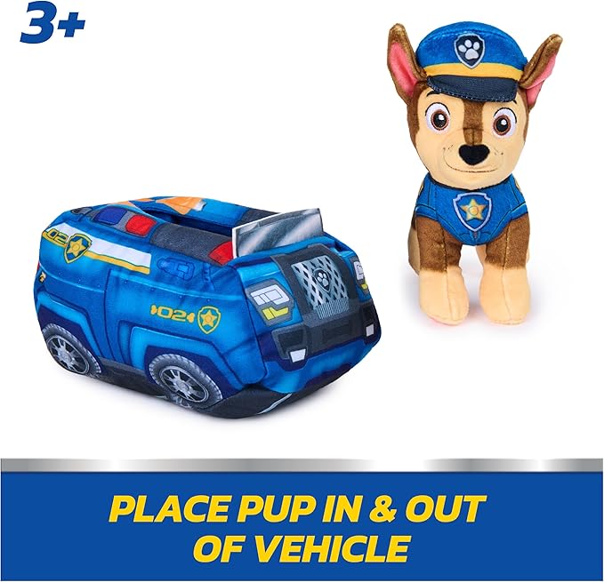 Paw Patrol Chase 2-in-1 Vehicle Plush, 6-Inch Stuffed Animal with 8-Inch Plush Toy Police Cruiser, Kids Toys for Boys and Girls Ages 3 and Up