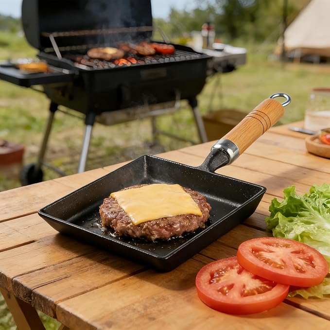 RIIPOO Cast Iron Tamagoyaki Pan Japanese Omelette Egg Tamago Pan Skillet with Turner & Brush