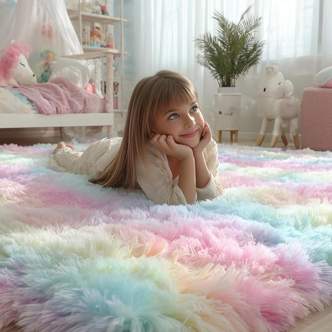 PAGISOFE Fluffy Vibrant Rainbow Rugs for Bedroom Girls 5x7, Colorful Soft Cute Unicorn Girls Room Rugs, Kids Playroom Living Room Nursery Home Decor, Furry Kawaii Princess Rug,Pastel Shaggy Rug Carpet