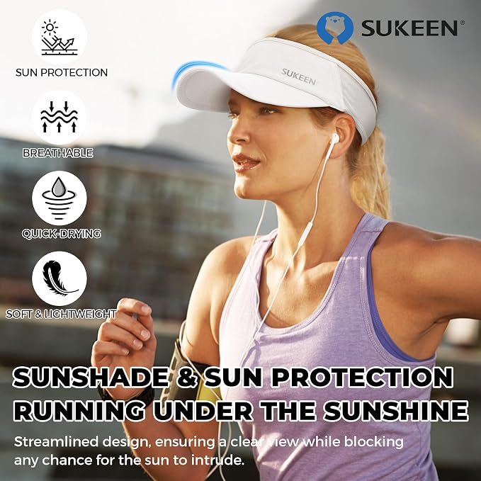 Sukeen Lightweight Sports Sun Visor Hat for Men Women | Packable, breathable, quick-dry, UPF50+ cooling visor hat, stretch fit, for running, tennis, golf, pickleball, softball