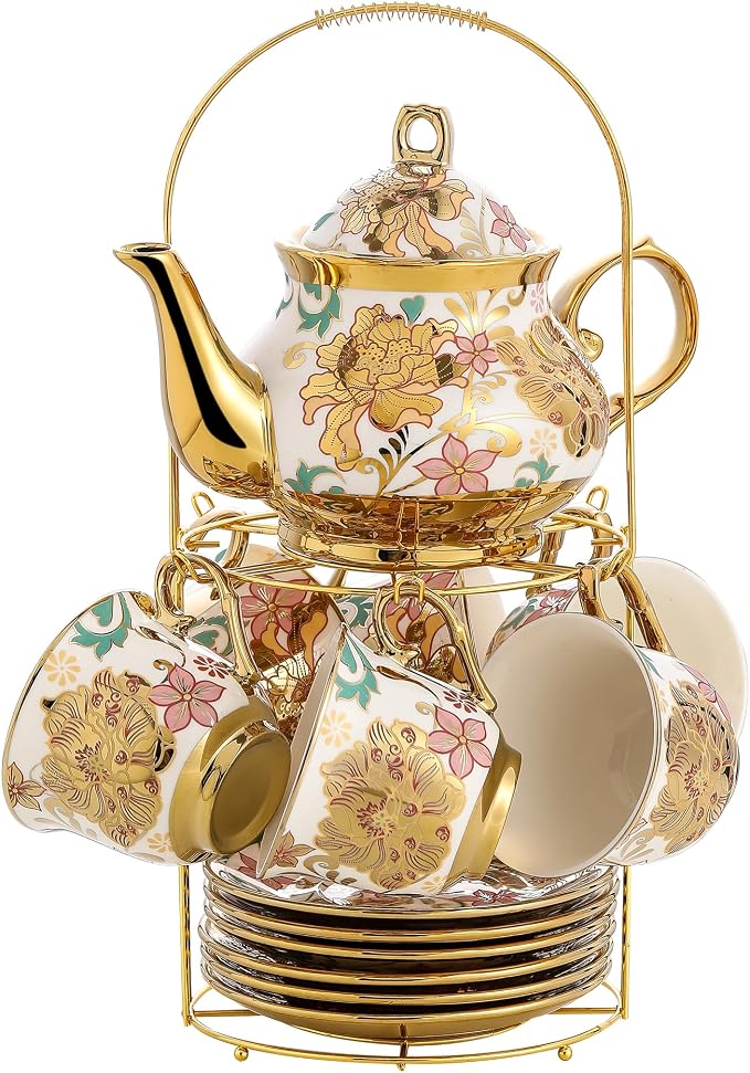 20 Pieces Porcelain Tea Set With Metal Holder, European Ceramic tea set for adults,Flower Tea Set,Tea Set For Women With Flower Painting