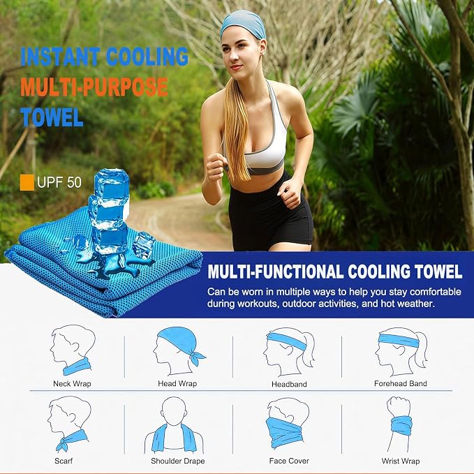 YQXCC 2 Pack Cooling Towels (47"x12"), Ice Cool Neck Towel, Soft Breathable Microfiber for Yoga, Golf, Gym, Running, Camping & Hot Weather