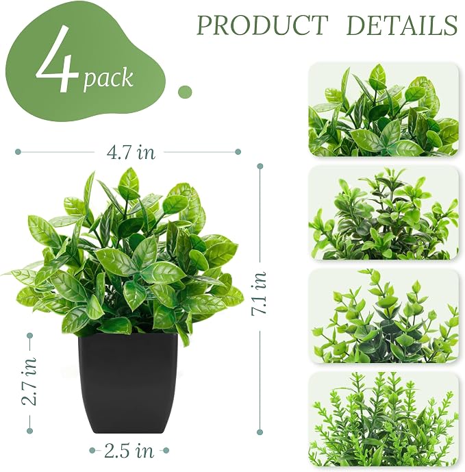 Der Rose 4 Pack Black Bathroom Decor Small Fake Plants, Halloween Decor | Realistic faux plants, gothic black accent style, for shelf desk office farmhouse table and Halloween fall home decor