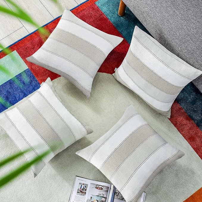 Pack of 2 Farmhouse Stripe Check Throw Pillow Covers Set Case Cotton Linen Decorative Pillowcases Cushion Cover for Couch Bench Sofa 20x20Inch Light Grey Beige