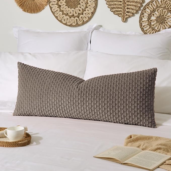 Kevin Textile Soft Corduroy 20"x54" Body Pillow Cover 1 Pack, Light Brown | Boho Stripe Plush Corduroy Decorative Oblong Cushion Cover Modern Farmhouse Home Decor for Sofa Couch Bed Chair
