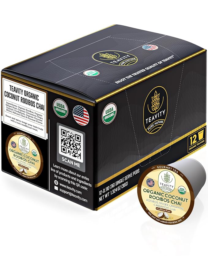 Coconut Rooibos Chai Tea Pods for Keurig - Organic Ginger Tea, Rooibos, Cinnamon, Cardamom, Coconut & Chai by Teavity (12 Tea Pods)
