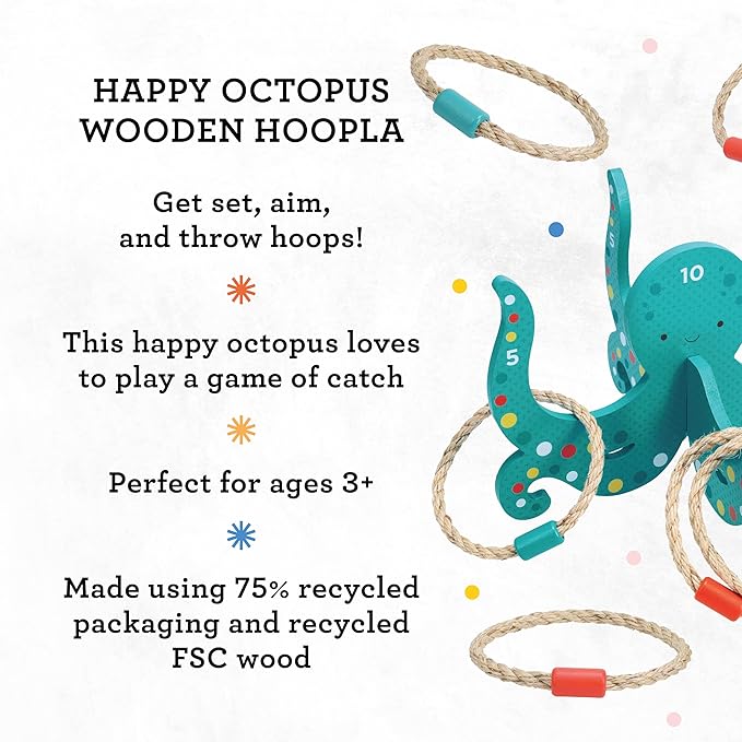 Petit Collage: Happy Octopus Wooden Hoopla - Wooden Carnival Ring Toss Game with Rope Rings - Perfect for Indoor or Outdoor Play - Great Birthday Party Activity or Gift for Kids Ages 3+