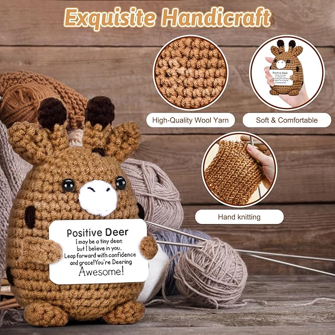 Positive Crochet Deer, Handmade Emotional Support Animals Plush Cute Stuff, Funny Inspirational Friendship Stress Relief Birthday Graduation Gifts for Women Teens Girls Coworkers Friends