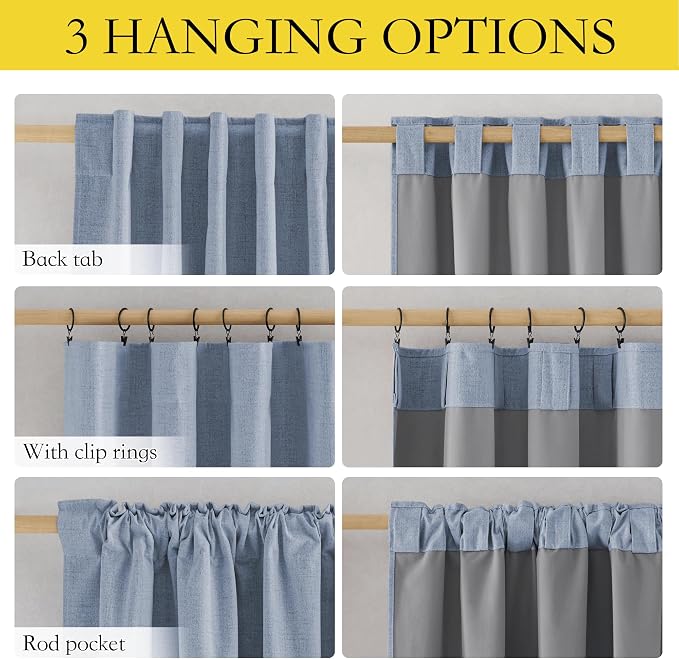 NICETOWN Linen 100% Blackout Cafe Curtains, Thermal Insulated & Noise Reducing Draperies with Grey Liner, Rod Pocket Short Drapes for Kids Room, Kitchen (52" W by 48" L, 2 Panels, Stone Blue)