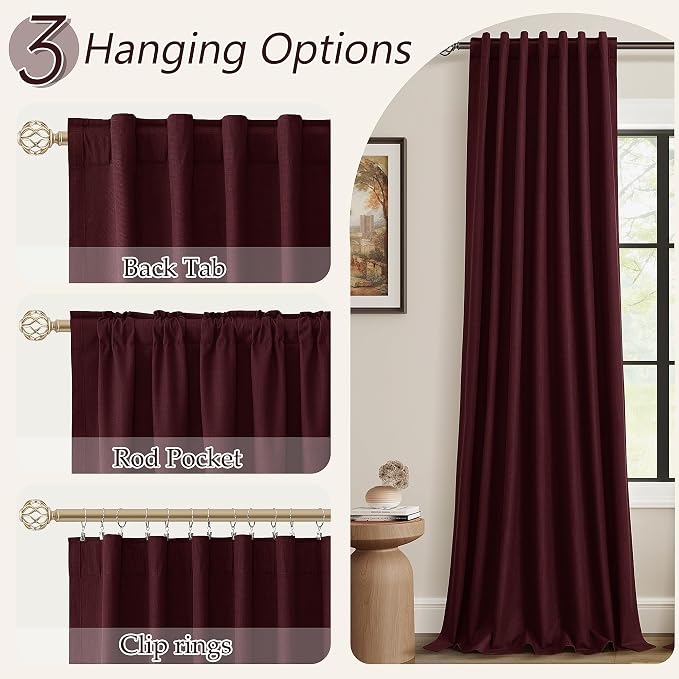 Guken 100% Blackout Curtains 96 Inch Length 2 Panels Set for Living Room Bedroom Back Tab Thermal Insulated Black Out Linen Drapes Room Darkening Window Curtains 96 Inches Long,Burgundy