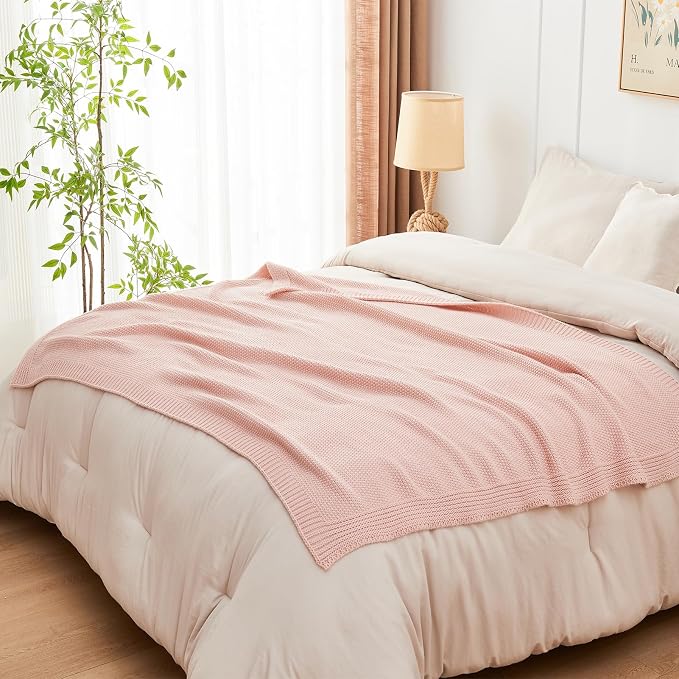 CozeCube Pink Seed Stitch Throw Blanket 60"x80", Farmhouse Decor | Blanket for Couch, Soft Cozy Cable Knit Throw for Bed Sofa Living Room, Lightweight Warm Decorative Christmas Blanket