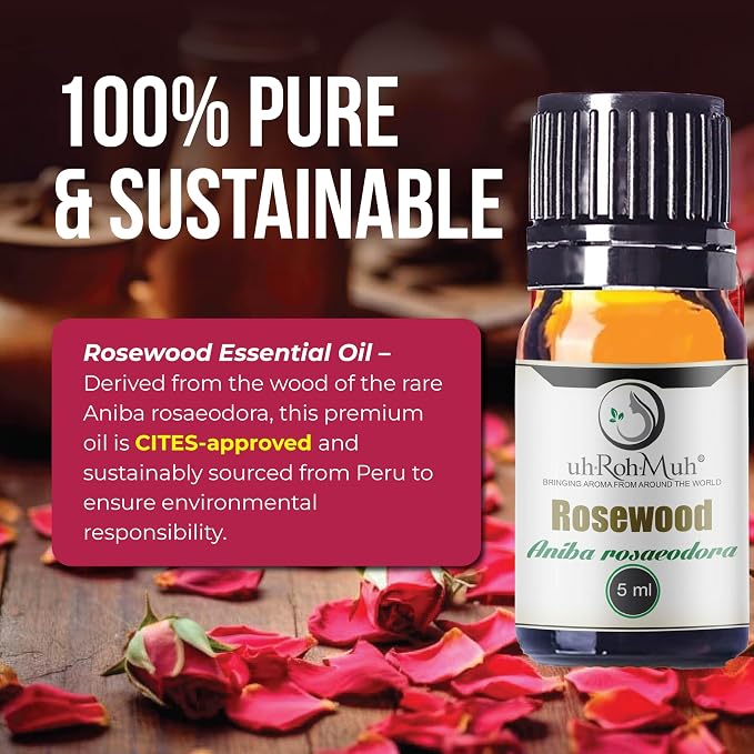 Rosewood Essential Oil (Bois de Rose) 100% Pure Steam Distilled Oil from Aniba rosaeodora Wood – Aromatherapy, Diffuser, Skincare, Massage, DIY Perfumes, Natural Fragrance | Peru | 5ml