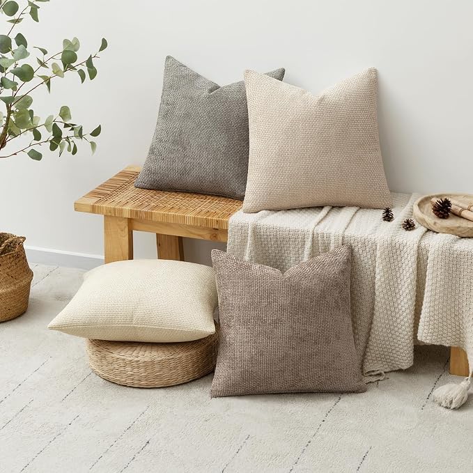 MIULEE Decorative Chenille Pillow Covers Neutral Beige 22x22 Pack of 4 | Modern Home Decor, Cozy Cream Collection, Euro Couch Throw Pillows, Farmhouse Boho Cushion Covers for Sofa Bed Living Room