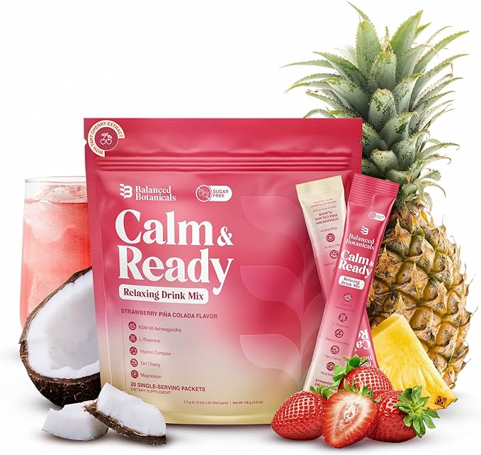 Calm and Ready Powder Mix, Cortisol Reducer* Sleep & Relaxation Aid, Magnesium Glycinate, Ashwagandha KSM-66, L-Theanine, Tart Cherry, Sugar Free, 20 Packets, Strawberry PinaColada