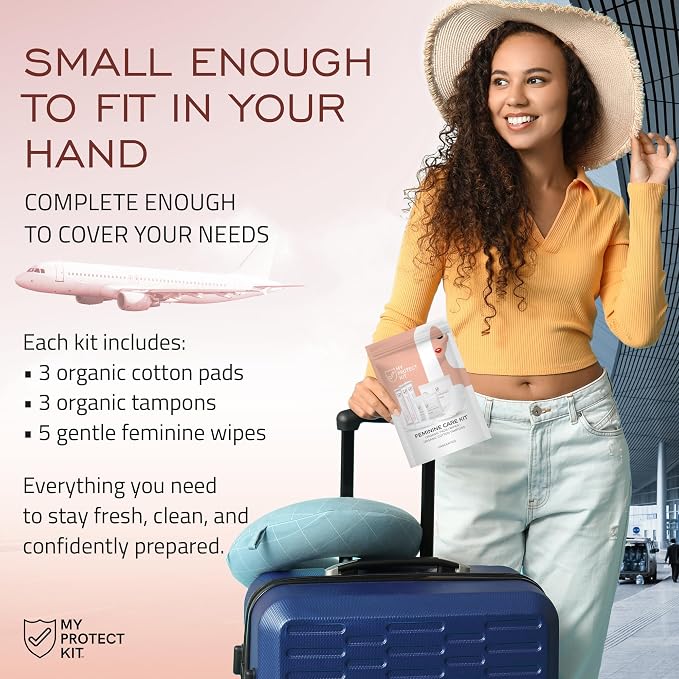 MY PROTECT KIT Feminine Care Kit - 11 Pieces First Period Kit, Compact Hygiene Set for Women, Essentials with Cotton Tampons, Organic Pads & Wipes, Pack of 6
