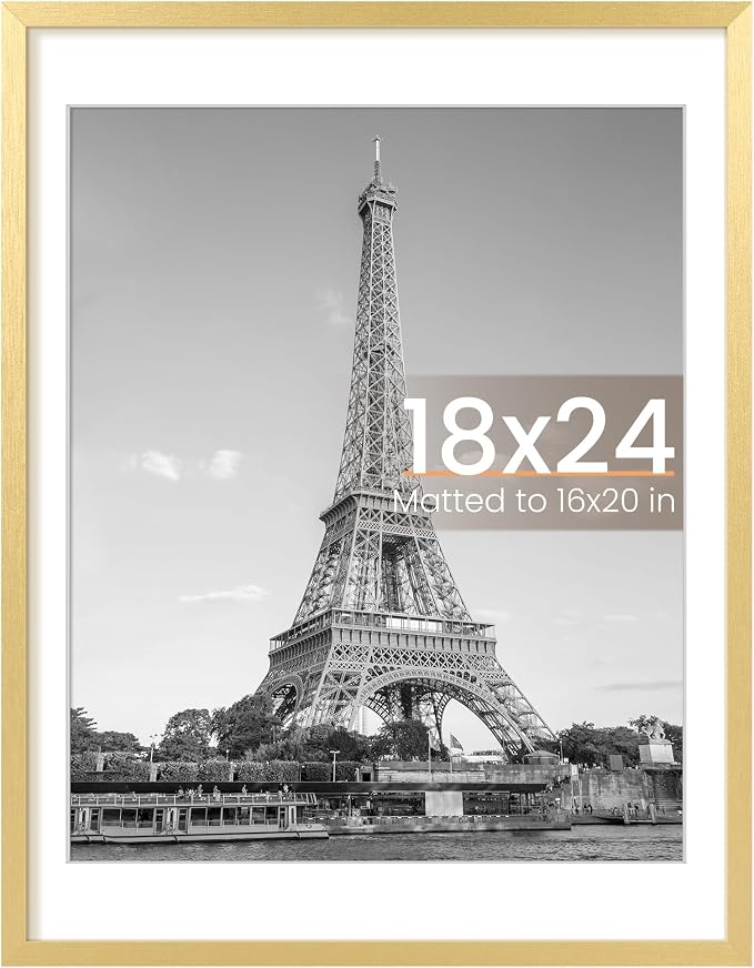upsimples 18x24 Picture Frame, Display Pictures 16x20 with Mat or 18 x 24 Without, Wall Hanging Poster Frames, Gold, 1 Pack