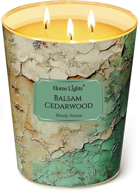 HomeLights Balsam Cedarwood Scented Candles | 34oz Soy Candles Industrial Chic 3-Wick Large Candle Jars | Ideal Candle Gifts for Events, Home Decor Stress, Relief & Relaxation