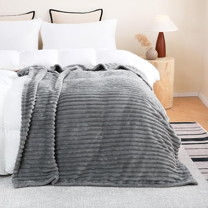 Grey Fleece Throw Blanket 50”×60” for Couch Sofa Livingroom | Super Soft Cozy Plush Microfiber Flannel Bed Blanket Striped Design Lightweight Home Decor Gifts for Adults Mom Women