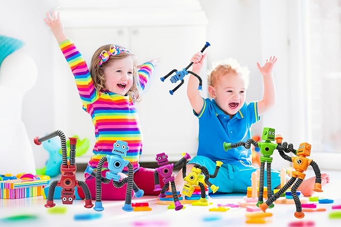 12PCS Suction Cup Robot Toy,Toys for Kids with Autism,Autism Sensory Products,Suction Cup Toy,pop Tubes Robots Stress and Anxiety Relief for Kids 3 4 5 6 7,Christmas Easter Gifts for Girls and Boys