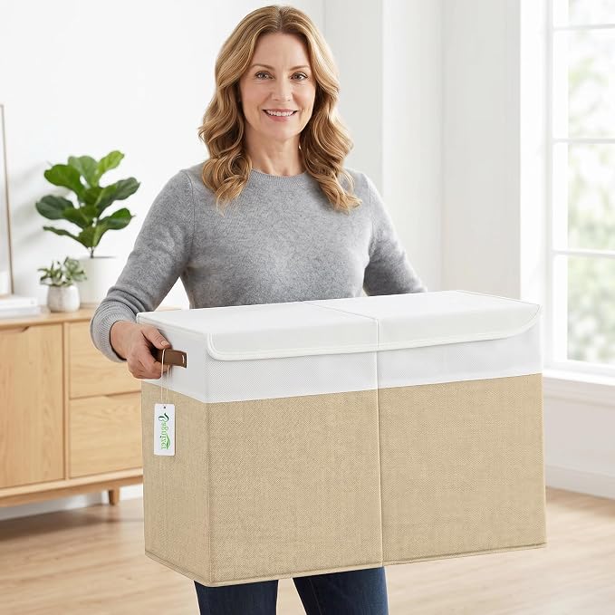 Large Toy Storage Box with Lids, Collapsible Sturdy Baby Storage Organizer Chest Bin Basket for Kids, Boys, Girls, Playroom, Nursery, Bedroom, Closet 25"x13"x16" (Beige and White)