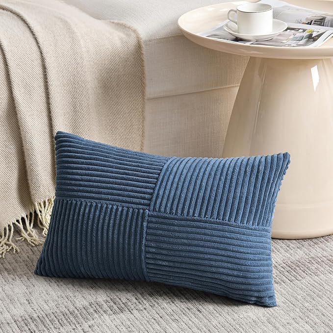 Fancy Homi 2 Packs Dusty Blue Long Lumbar Decorative Throw Pillow Covers 12x24 Inch for Couch Bed Sofa, Rustic Farmhouse Boho Home Decor, Soft Striped Corduroy Rectangle Accent Cushion Case 30x60 cm