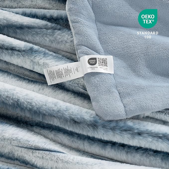 Cozy Bliss Faux Fur Throw Blanket for Couch, Cozy Warm Plush Striped Blanket for Sofa Bedroom Living Room, 50 * 60 Inches Blue