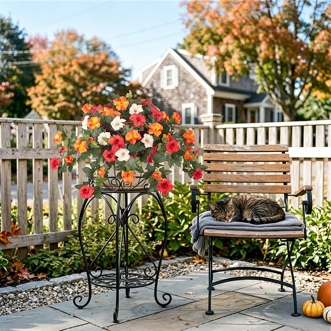 Ammyoo Artificial Fall Flowers Fake Petunias Plants for Outdoor Decoration | 2 Pcs UV Resistant Faux Silk Flowers No Fade Floral for Garden Balcony Yard Porch Realistic Indoor Decor (Orange White)