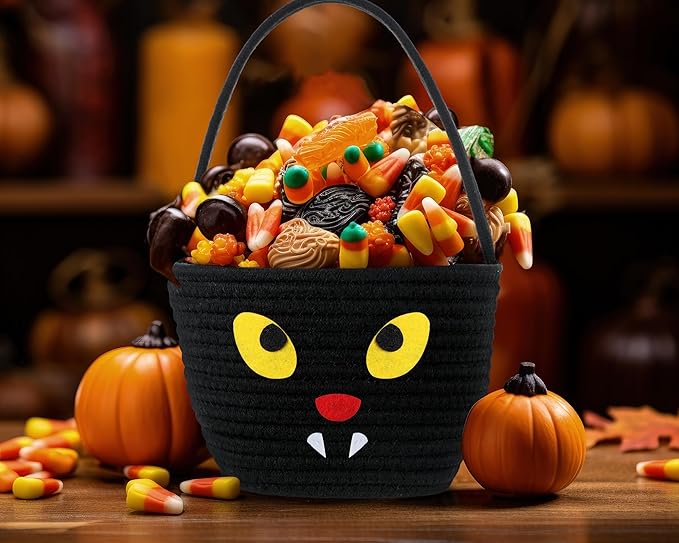 Halloween Trick or Treat Basket with Handle Cute Bucket Cotton Rope Woven Candy Bag Pumpkin Witch Cat Pig Storage Basket for Halloween Party Favor(3 Packs,Mixed Style)