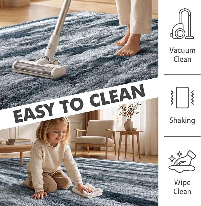 8x10 Ft Extra Large Shag Rugs for Living Room, Tie Dyed Ultra Soft Fluffy Furry Area Rugs for Bedroom Indoor Floor, Aesthetic Carpet for Kids Home Decor (Blue)