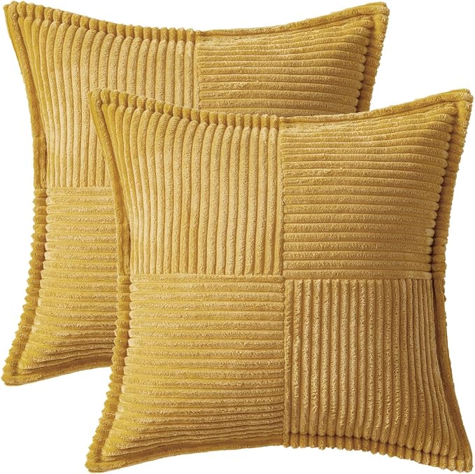 MIULEE Decorative Throw Pillow Covers for Couch 20x20 Inch Gold 2 Pack | Boho Broadside Striped Patchwork Pillow Covers, Soft Corduroy Cushion Cases, For Sofa Bed Livingroom Home Decor