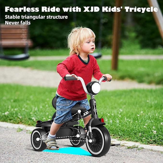 XJD Toddler Tricycle, Foldable Toddler Bike with Pedals, Tricycle for 2-5 Year Olds, Adjustable Comfortable Seat, Christmas Birthday Gifts for 1-5 Years Old Boys and Girls (Black)