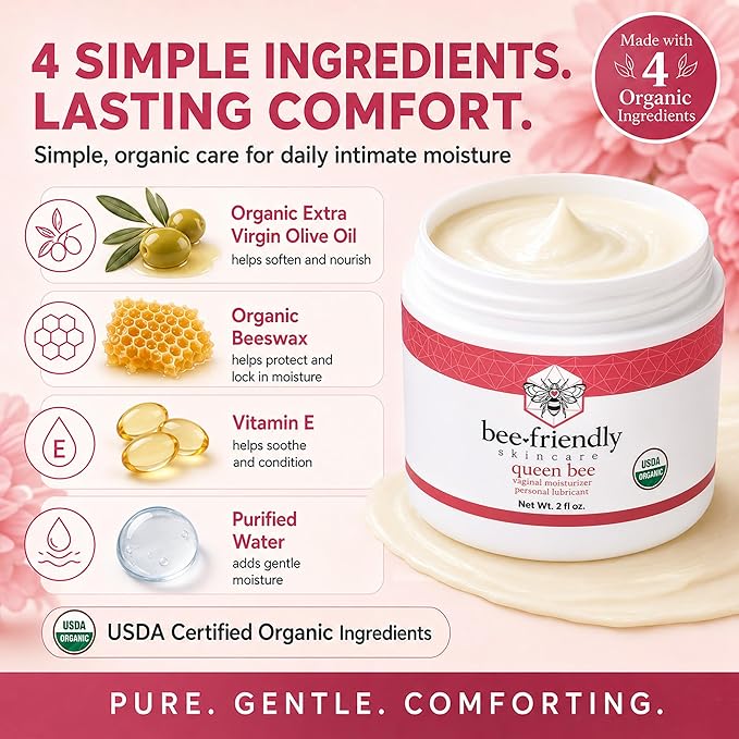 BeeFriendly® Organic Vaginal Moisturizer, USDA Certified, 6 oz (3 Jar Box) | Natural Vulva Cream, For Dryness, Itching, Irritation, Redness & Chafing, Due to Menopause & Thinning