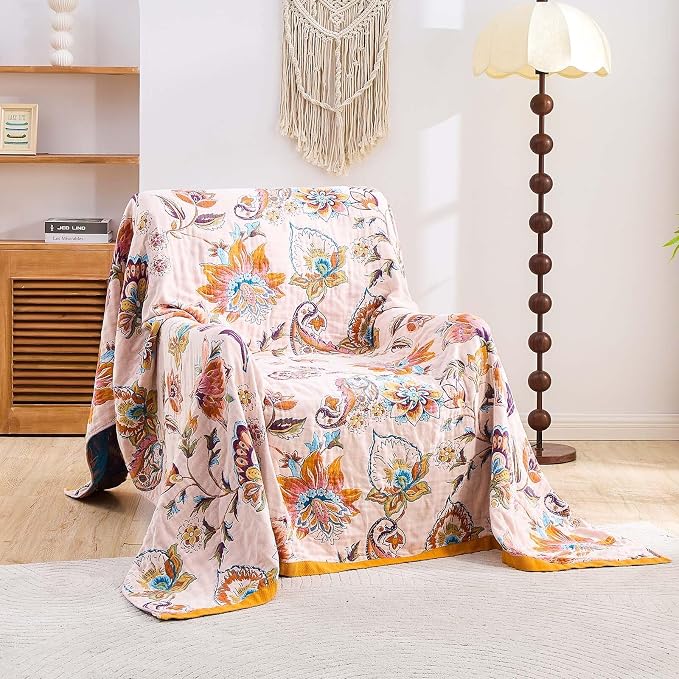 XIBLC Boho Throw Blanket for Bed, 100% Cotton Soft Rustic Quilt Fall Blanket, 90"x98" Floral Printed Farmhouse Decor Bed Blankets, All Season Rustic Reversible Bohemian Throw Quilt
