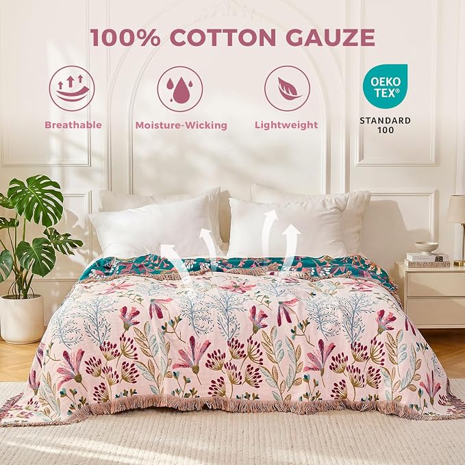 LUTBM Boho Throw Blanket for Bed 60"x80", All Season Cotton Couch Blankets | Reversible Floral Jacquard, Muslin Gauze Twin Quilt, For Chair Sofa Bedroom Living Room, Lightweight & Breathable, Home Decor