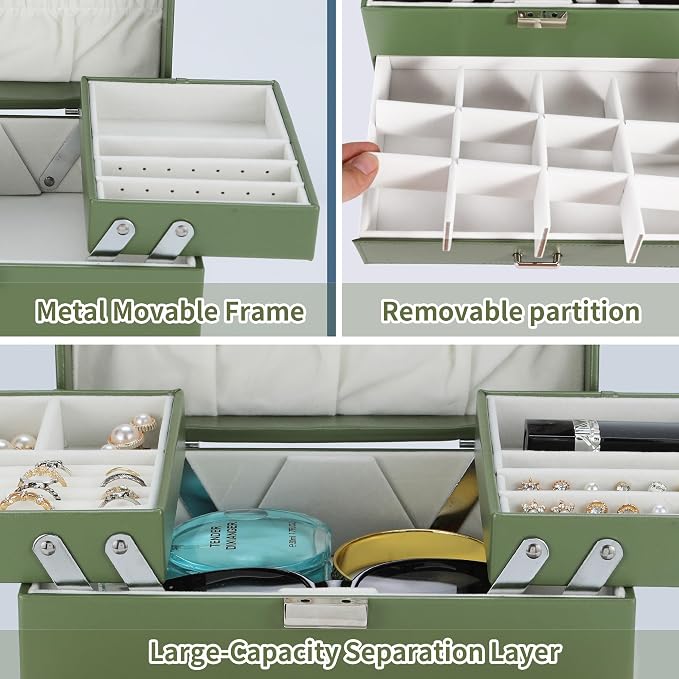 Jewelry Organizer Box, Large Jewelry Boxes for Women Girls, Space-Saving 4 Layers Jewelry Storage Case with Drawer, Movable Metal Stand, Modern, Gift Idea (Green)