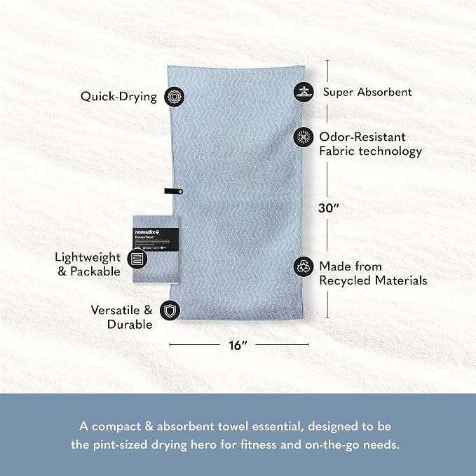Nomadix Fitness Towel- Microterry Quick-Dry Gym & Yoga Sweat Towel, Odor-Resistant, Ultra Absorbent, Sand & Pet Hair-Resistant, Recycled Material, 30″×16″- Regenerative Black- Pale Blue