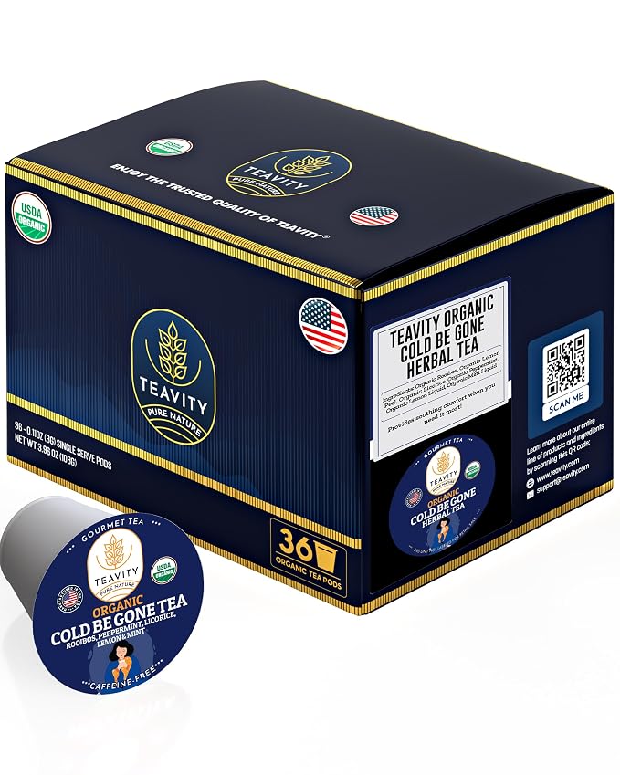 Organic Rooibos Tea Pods for Keurig with Lemon, Mint, Licorice - Unsweetened Decaf Tea for K Cup Brewing - Cold- Be-Gone by Teavity (36 Tea Pods)