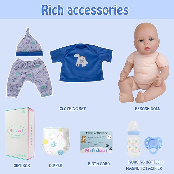 Milidool Lifelike Reborn Baby Dolls Boy - 18-Inch Baby Soft Body Realistic-Newborn Baby Dolls Cloth Body Real Life Baby Dolls with Toy Accessories for Kids Age 3 4 5 6 7 +