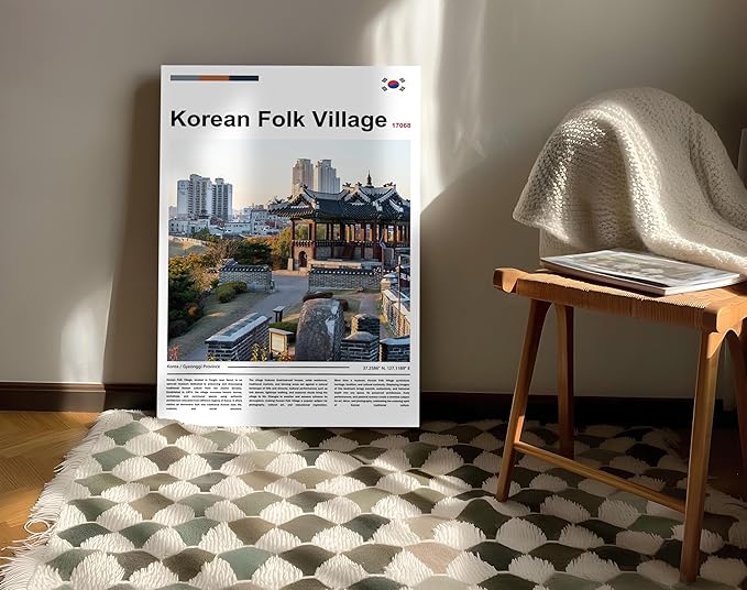 Poster Korean Folk Village Wall Art Original Design(30"x20" Wrapped Canvas) Joseon Dynasty Architecture Print South Korea Travel Landmark Gyeonggi Cultural Heritage Ancient Palace Zen Scenery Picture