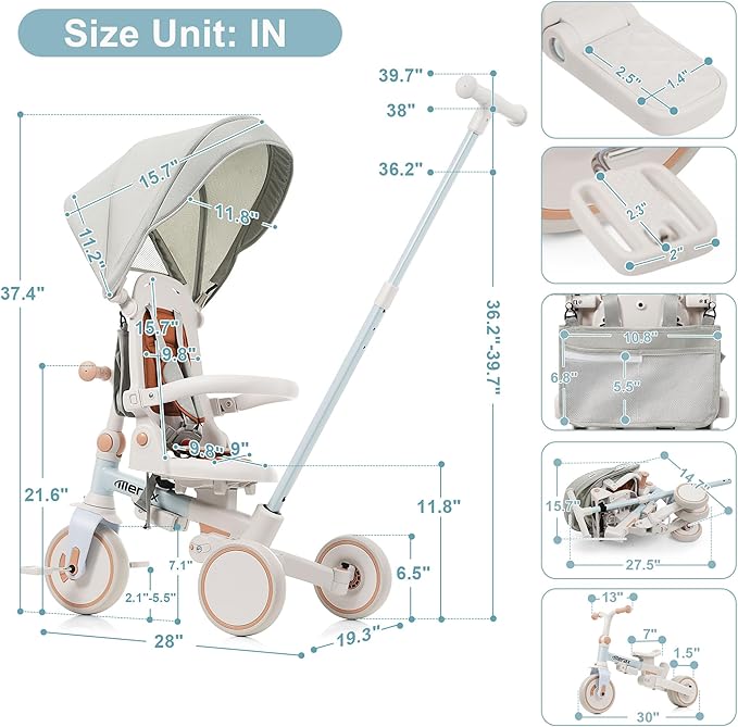 Baby Trike 7-in-1 Toddler Push Bike Parent-Controlled Toddler Tricycle to Self-Riding Tricycle Detachable Footrest