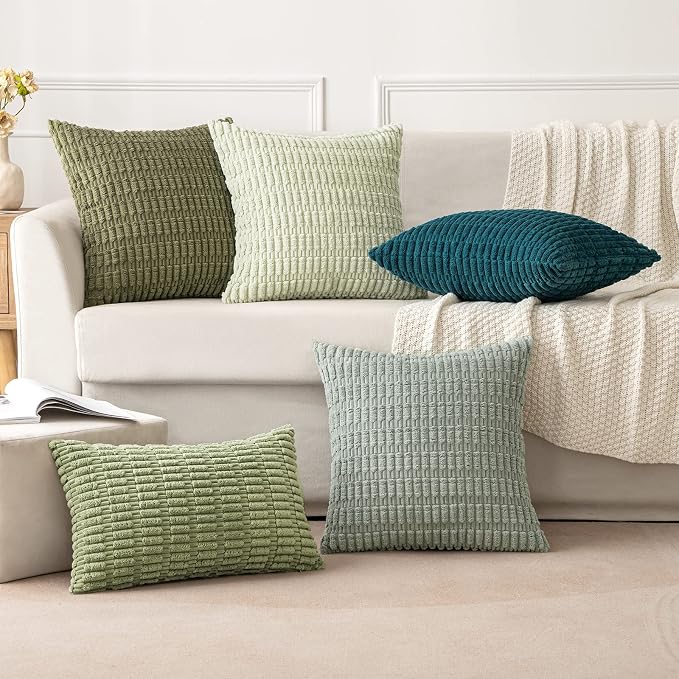MIULEE Corduroy Decorative Throw Pillow Covers 18x18 Grey Green Pack of 2 | Soft Boho Striped Pillow Covers Modern Farmhouse Home Decor For Sofa Living Room Couch Bed