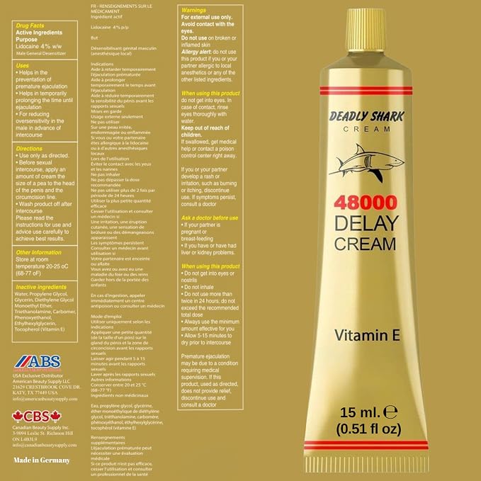 Deadly Shark 48000 Delay Cream for Men with Vitamin E, Male Performance Support Cream for Temporary Sensitivity Reduction, Long Lasting Comfort Formula, 0.51 fl oz (15 ml)