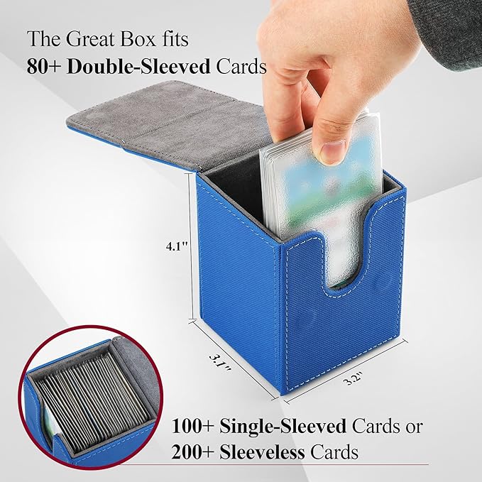 Strong Magnetic Card Deck Box for MTG Cards Fits 100 Plus Sleeved Cards PU Leather with Microfiber Lining(Blue)